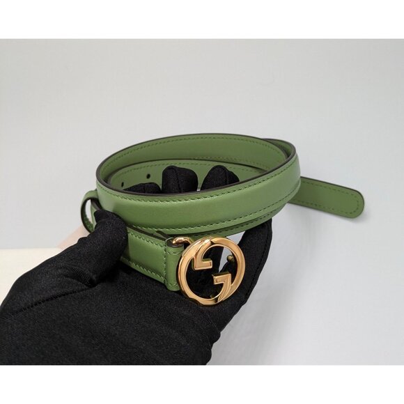 Gucci Women’s Blondie Ciny Interlocking Buckle Calfskin Belt Salamander Green 95